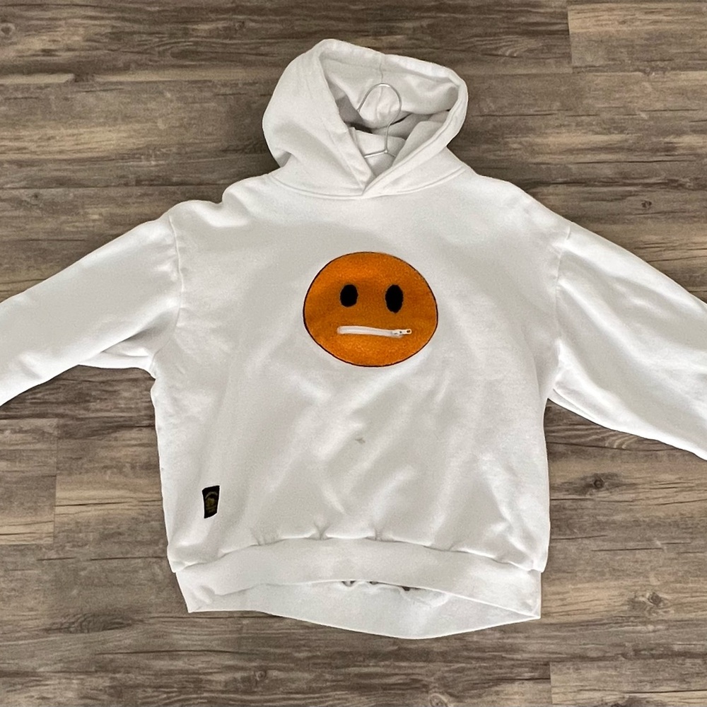 Men's White Crewneck Hoodie with Orange Emoticon Graphic